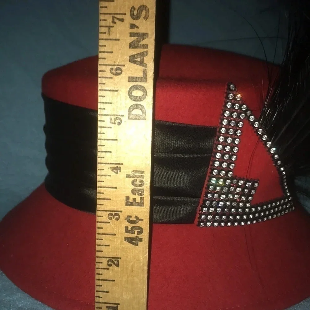 THE HAT GENERATION Red, Wide Black Band, Beautiful Feathers, Rhinestone Details